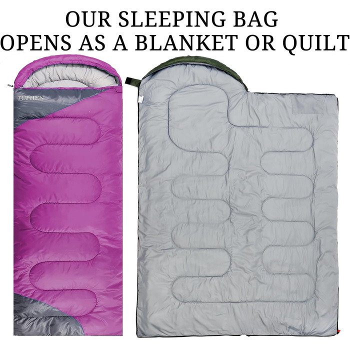 Спальний мішок 3-4 сезони для дорослих та дітей - легкий, водонепроникний, для кемпінгу та подорожей (86.61''x31.49'', фіолетово-сірий)