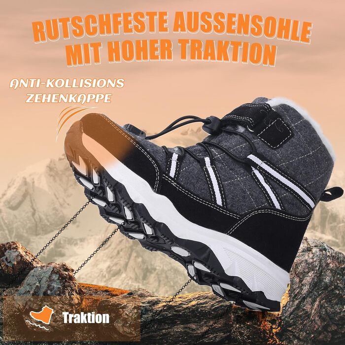 Зимові черевики Visionreast для дівчаток та хлопчиків. Теплі зимові черевики з ворсовим утеплювачем, водонепроникні, для туризму та активного відпочинку. Чорні, розмір 40 EU.