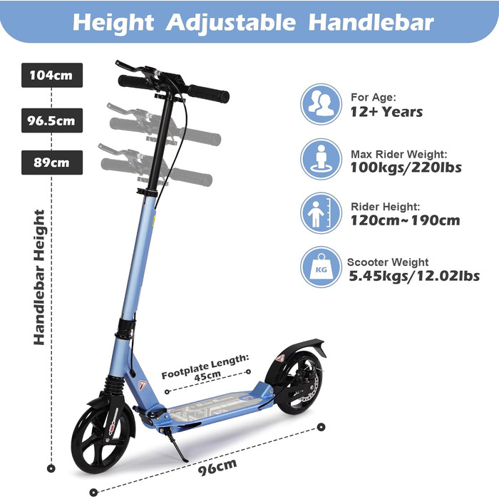 Дитячий складний самокат для дітей 8-15 років з великими колесами 200 мм, дисковими гальмами та регульованою висотою, синій