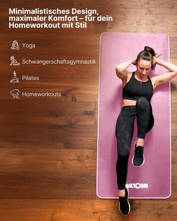 NEOLYMP Fitness Mat - Товста та неслизька фітнес-мат з E-book та ремінком - для йоги, пілатесу, тренувань (Рожева, 61 см)