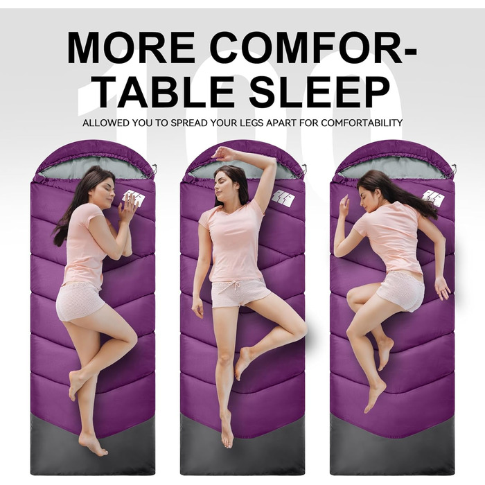 Спальний мішок для дорослих у холодну погоду, водонепроникний, легкий, для великих людей, з компресійним мішком, для кемпінгу, походів, відпочинку на природі та в приміщенні (1,8 кг, фіолетовий)