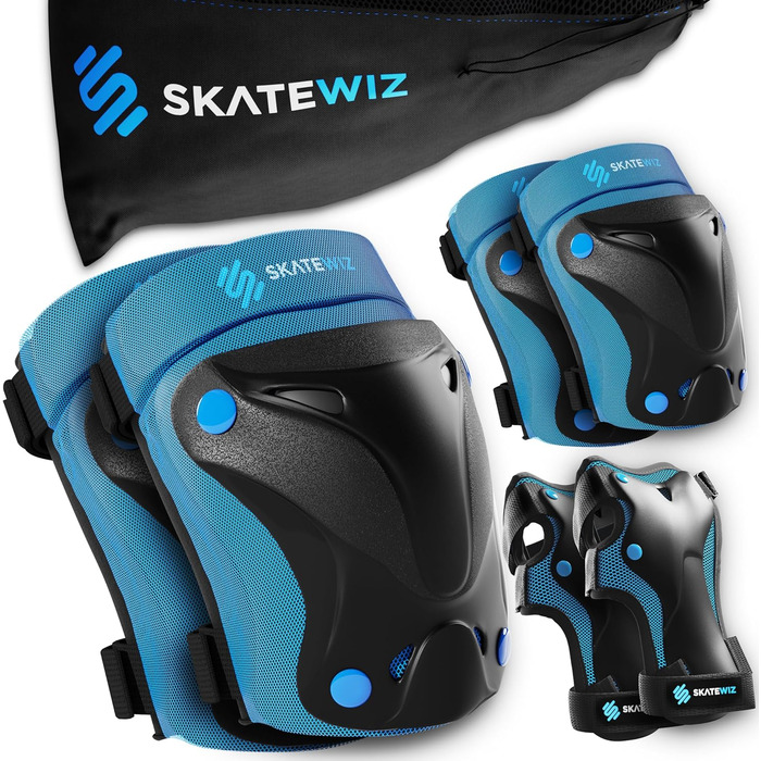 Дитячий захисний комплект SKATEWIZ для роликів, 6 предметів, наколінники, налокітники, захист для дорослих і дітей, синій, модель S, підвищений захист