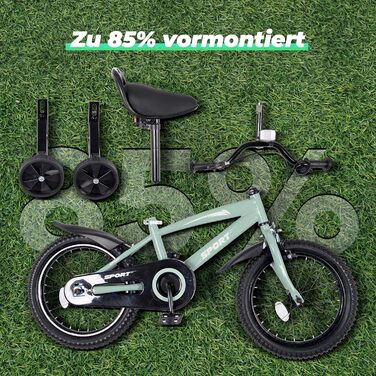 Дитячий велосипед BODIOO 12 дюймів, з регульованим сидінням, двома гальмами, підставкою, відбивачем та бризговиком, для дітей 84-97 см, колір м'ятно-сірий