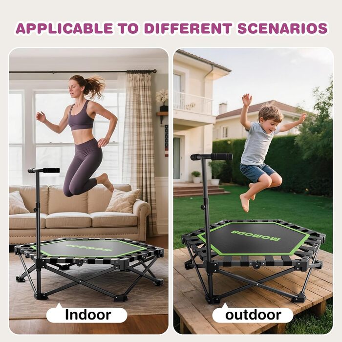 Трамплін для фітнесу MOMODA складаний, з ручкою, діаметр 106 см, зелений. Підходить для дітей та дорослих.