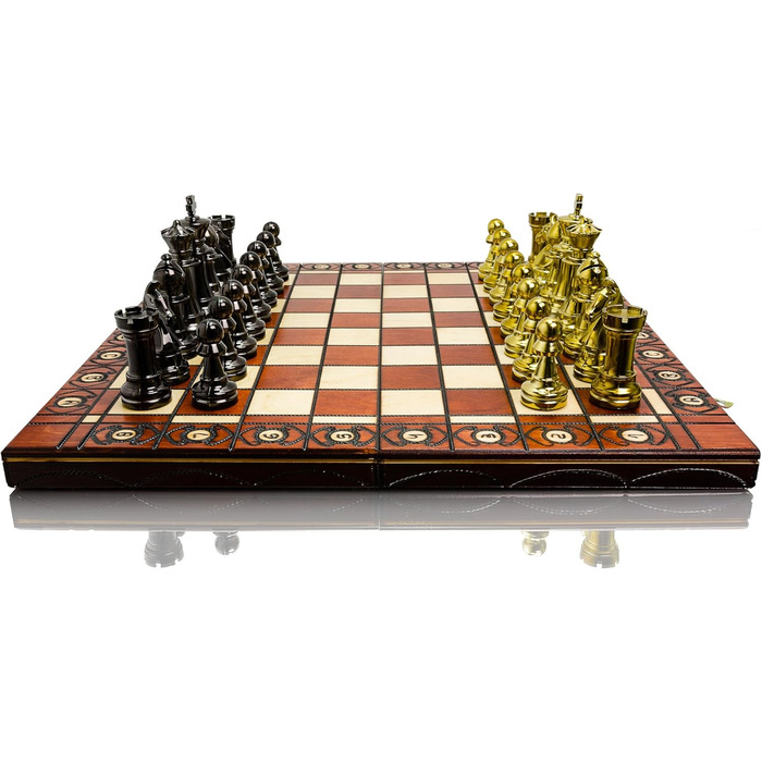 Шаховий набір Staunton 40см, фігури з металізованого пластику, дерев'яна шахівниця, фігури з металевим навантаженням, жовтий колір