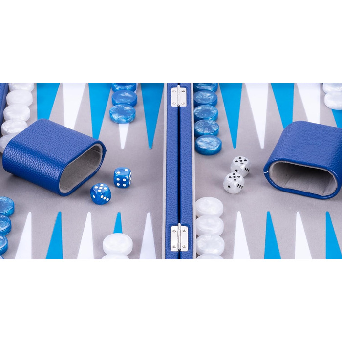 Набір для гри в кістки Енгельхарт Люкс 38 см - преміум якість, шкірозамінник, спеціальне покриття з фільцу, перламутрові кубики та фішки + 2 стаканчики - професійний та для дому, блакитний