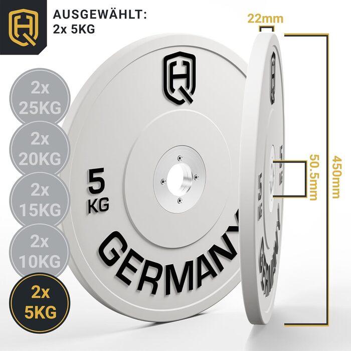 Комплект змагальних бамперних дисків HQ Germany 50 мм, 5–25 кг, сертифіковані IWF, REACH, для штанги