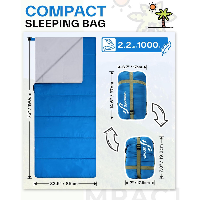 Сплячий мішок літній Sportneer 190x85 см: легкий, водонепроникний, для кемпінгу, походів, подорожей (блакитний)