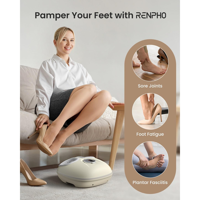 Масажер для ніг RENPHO з підігрівом, Shiatsu масажер для ніг при п'яткової фасції, подарунок на Різдво для жінок та чоловіків, бездротове керування, голосове керування (Новинка), Бежевий
