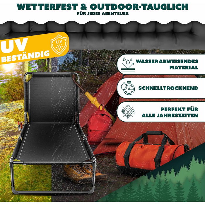 Кемпінгове ліжко KESSER® розкладне, 190x68x30 см, до 250 кг, з Oxford-тканини та сталевим каркасом + сумка, подушка, кишеня та тримач для напоїв, чорний/помаранчевий