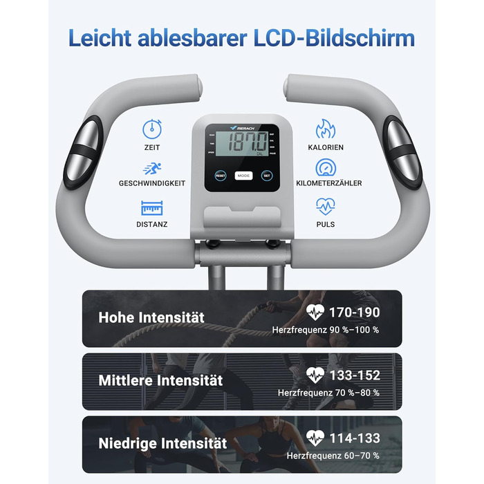 MERACH 4-в-1 велотренажер складаний, Hometrainer з LCD монітором та вимірюванням пульсу, магнітне ергометр, фітнес-велосипед для дому, срібний
