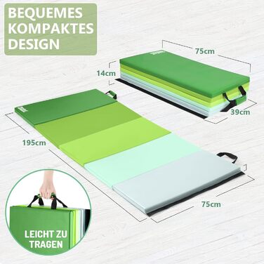 Складаний гімнастичний мат для фітнесу та tumbling 195 x 75 x 3 см, м'який килимок для спорту та ігор з ручками для перенесення, дитячий мат для активних ігор