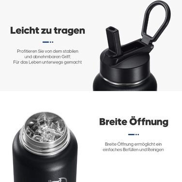 HydroPal Фляга з нержавіючої сталі - 750 мл, 1 л, 1.2 л, 1.9 л, без BPA, для газованої води, ізольована з трубочкою та 2 кришками, чорний колір