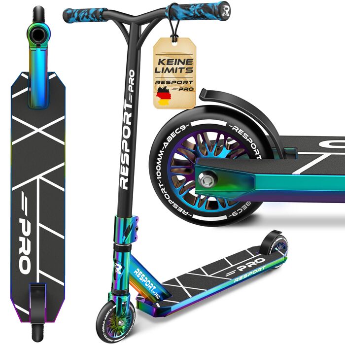 Трюковий самокат RE:SPORT® REVO PRO для дітей та дорослих з підніжкою | Професійний самокат з колесами 110мм PU та Y-рулем | Самокат трюковий ABEC 9 Rainbow Blaze
