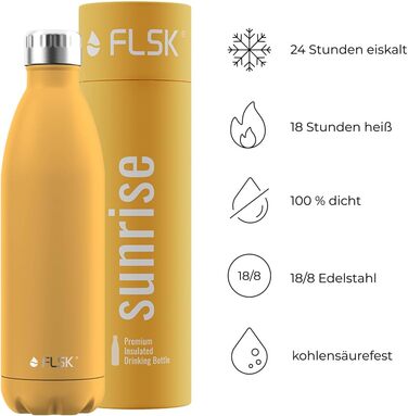 Пляшка для води FLSK 750 мл з нержавіючої сталі, термос, преміум-якість, герметична, зберігає холод до 24 годин і тепло до 18 годин, для газованих напоїв, Sunrise
