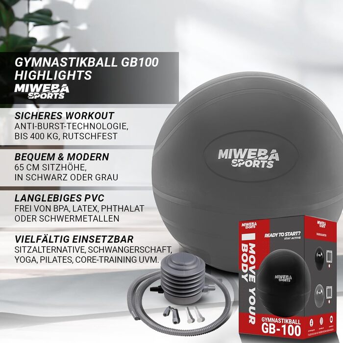 Гімнастичний м'яч Miweba Sports GB-100, 65 см, до 400 кг, сірої, з ПВХ — фітнесбол, ергономічний м'яч-стілець для офісу та тренувань