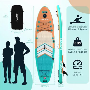 SUP дошка NACATIN надувна 320 см (10'6'') помаранчева для дорослих: комплект з веслом, насосом, рюкзаком та ремкомплектом