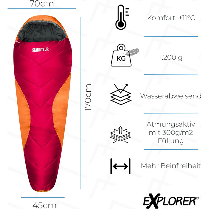 Сплячий мішок Explorer Starlite Junior для дітей, -6°C +11°C, 175x70x45 см, 300GSM, з капюшоном, YKK, ковдраний