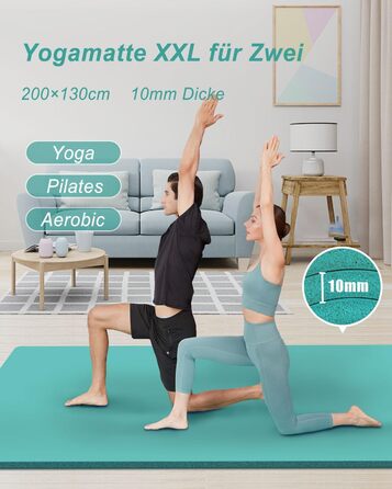 Йога мат RYTMAT XXL 200x130 см: фітнес килимок для йоги, фітнесу, занять з дітьми та літніми людьми, товщина 10/15/20 мм, бірюзовий