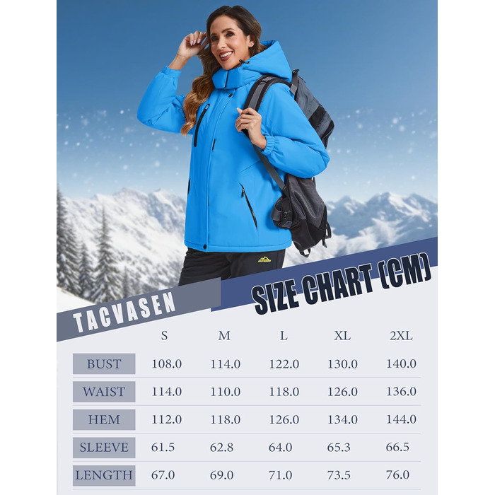 TACVASEN жіноча зимова куртка, водонепроникна, для активного відпочинку та катання на сноуборді, з флісовою підкладкою та знімним капюшоном, колір: блакитний, розмір XL