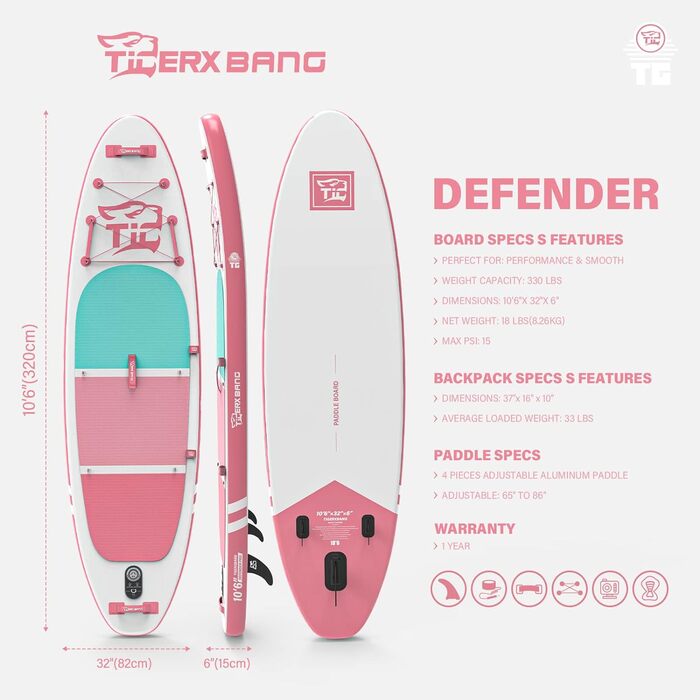 Надувна SUP-дошка TIGERXBANG Defender Pro 320 см, рожева, для сапсерфінгу