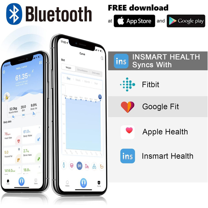 INSMART Розумні ваги для вимірювання складу тіла, Bluetooth, електронні ваги для людей, аналізатор жиру, ІМТ, м'язова маса, білок, вага кісток, BMR