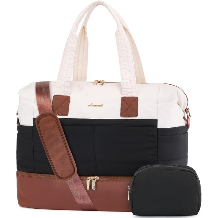 Сумка-вихідні LOVEVOOK для жінок, клінічна сумка, валіза ручної поклажі, легка лікарняна сумка, містка дорожня сумка-мішок з відділенням для взуття та косметичка, спортивна сумка для подорожей (B-чорний, бежевий, коричневий, 52x38x25 см (50 л))