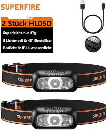 Налобний ліхтар SuperFire LED, 2 шт., перезаряджається USB, з червоним миготком, 5 режимів, регульований, для дорослих та дітей, біг, рибалка, кемпінг, водонепроникний, чорний