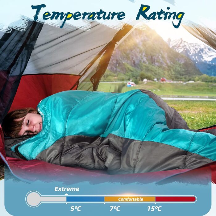 Спальний мішок Bessport Outdoor 3 сезони, маленький та ультралегкий, для дорослих, теплий, водовідштовхувальний, блакитний, для кемпінгу та трекінгу