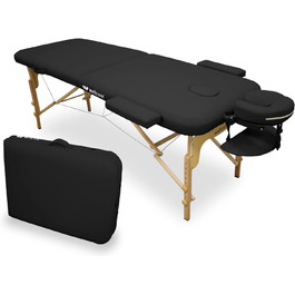 WELLCORE масажний стіл складаний з дерева і шкірозамінника, 185x65 см, регульована висота, знімний підголівник, розширювачі для рук, отвір для обличчя, чорний, до 225 кг