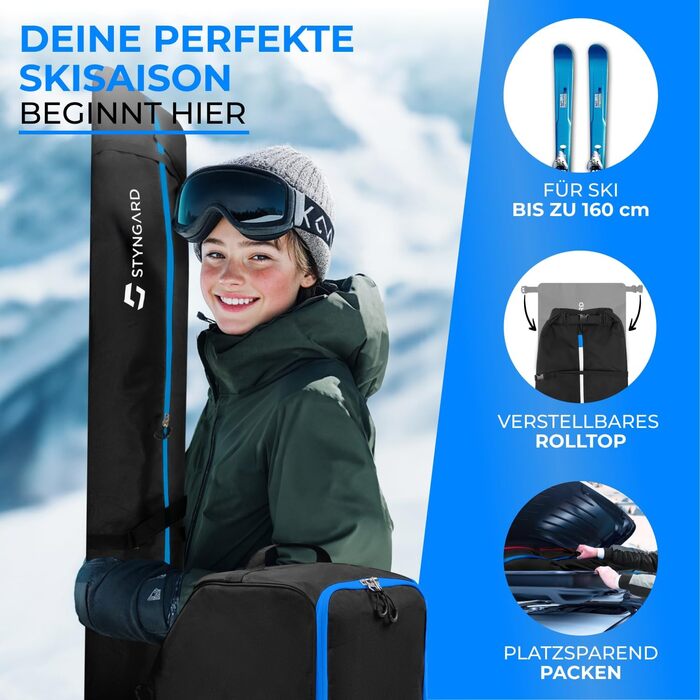 Набір для лижного спорядження STYNGARD: мішок для лиж (120-160 см) та чохол для лижних черевиків з відділенням для шолома (40 л), St. Moritz (чорний-синій)