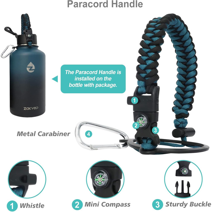 Термос-пляшка 2L з нержавіючої сталі з трубочками та 3 кришками, термос-пляшка з паракордом, термокана 2 літри з щіткою для миття, для фітнесу (Синій+Чорний)