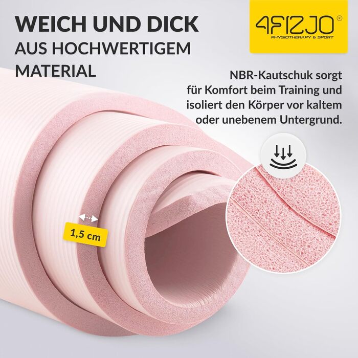 Фітнес-мат 4FIZJO 180x60 см, рожевий, 1.5 см, NBR піна, антиковзкий, для йоги, пілатесу, спорту та гімнастики, з ременем для транспортування