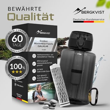 Фільтр-пляшка для води BERGKVIST FJÄLLKLAR 1 л з фільтром AHLSTROM, чорна – для чистої питної води під час кемпінгу, туризму та виживання