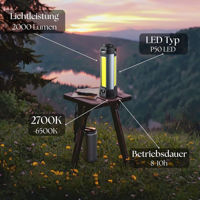 Багатофункціональний ліхтар 12 в 1 з LED, акумулятором, магнітом та телескопічною штангою: ліхтар для кемпінгу, ліхтарик, робочий ліхтар для майстерні, powerbank – для саду, відпочинку на природі та не тільки