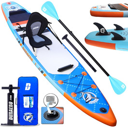 Надувна SUP-дошка для сапбордингу 330x76x15 см з комплектом: каяк-сидінням, кріпленням для камери, інтегрованим кікпадом, 3 плавниками, регульованим двостороннім веслом, повним набором аксесуарів, вантажопідйомністю до 150 кг