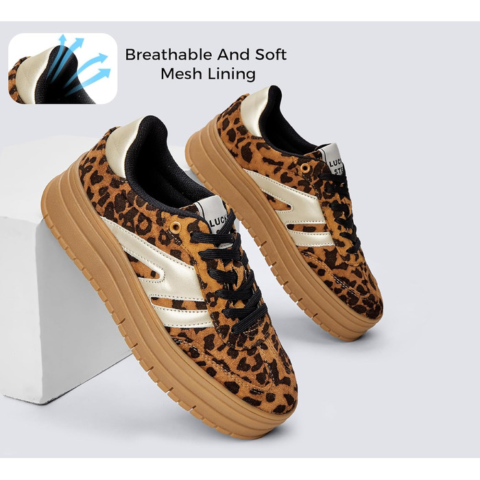 Кросівки LUCKY STEP Plateau Sneaker для жінок - платформа, канвас, ретро стиль, низький профіль, зручні для повсякденного носіння, бежево-зелені (41 EU, леопард)