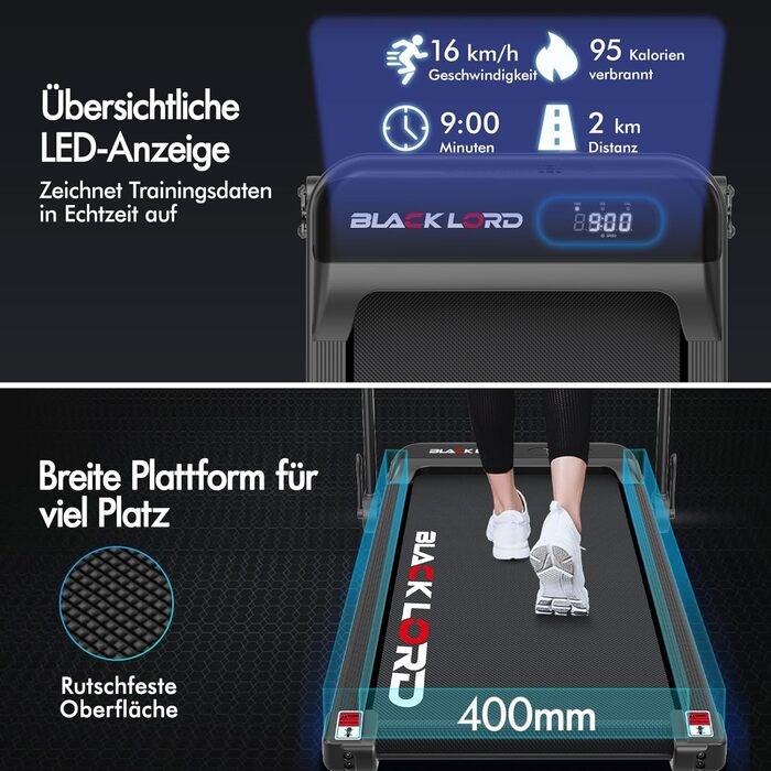 Walkingpad Laufband BLACK LORD MS2H: біговий доріжки для дому, 9-16 км/год, нахил до 9%, 2.2-3.2 PS, до 140 кг, LED-дисплей, мобільний додаток, тиха робота, чорний колір (з ручками)