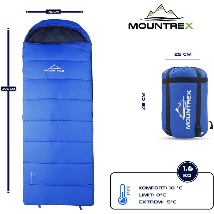 Спальний мішок MOUNTREX -5°C / 10°C для кемпінгу та відпочинку на природі. Дека-спальник 205 x 75 см, 3 сезони, легкий та теплий (1.6 кг). Підходить для чоловіків, жінок та дорослих. Можливість з'єднання блискавками (RV) - колір: блакитний.