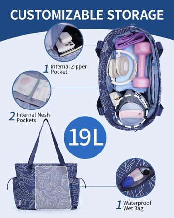 Сумка для йоги Yogatasche Damen Marineblaue Blätter, велика водонепроникна з відділенням для мокрого одягу та кріпленням для килимка