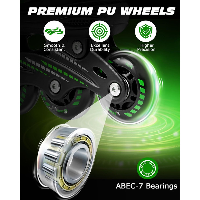 Роликові ковзани Hozzen для дітей, регульовані, ролики для дівчаток та хлопчиків, ролики з колесами, що світяться в темряві, ролики для використання в приміщенні та на вулиці, чорно-зелені