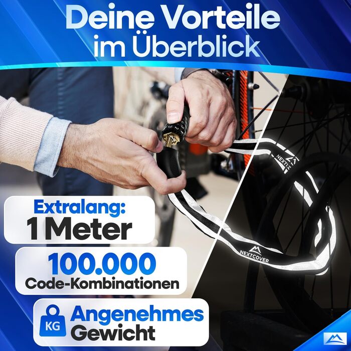 NEXTCOVER® Замки для велосипедів LockPro з кодовим замком - Оригінал - [SAFESECURE] Високий рівень безпеки | 5-значний код, сталевий замок для велосипеда | Замок для електровелосипеда | Кетловий замок (відбиваючий)