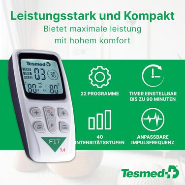 Електростимулятор TESMED Fit для EMS, TENS, масажу (3 в 1): 22 програми, 6 регульовані, для зняття болю та стимуляції м'язів живота, сідниць та грудей (Fit 5.4 з 4 електродами)