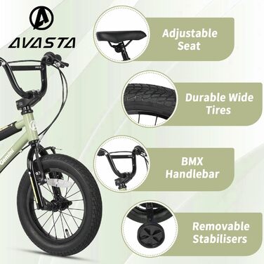 Дитяче велосипед BMX AVASTA 12/14/16 дюймів з додатковими колесами та підставкою для дітей 1-8 років, різні кольори, армійний зелений 16 дюймів