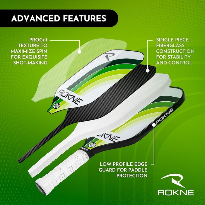 Професійна ракетка для піклболу ROKNE Curve Classic з фіброволокна, USAPA сертифікована, ProGrit текстура для максимального спіну і потужності, з чохлом (лаймова)