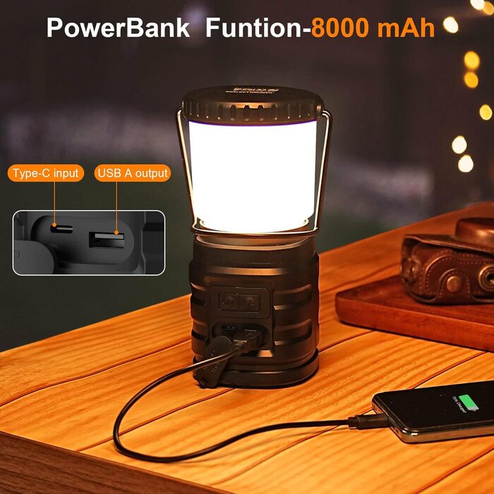 Ліхтар кемпінговий Tavaler M1-8000mAh з акумулятором 8000 mAh, USB-C, LED, водонепроникний IP65, Power Bank для кемпінгу, пікніків, туризму та надзвичайних ситуацій