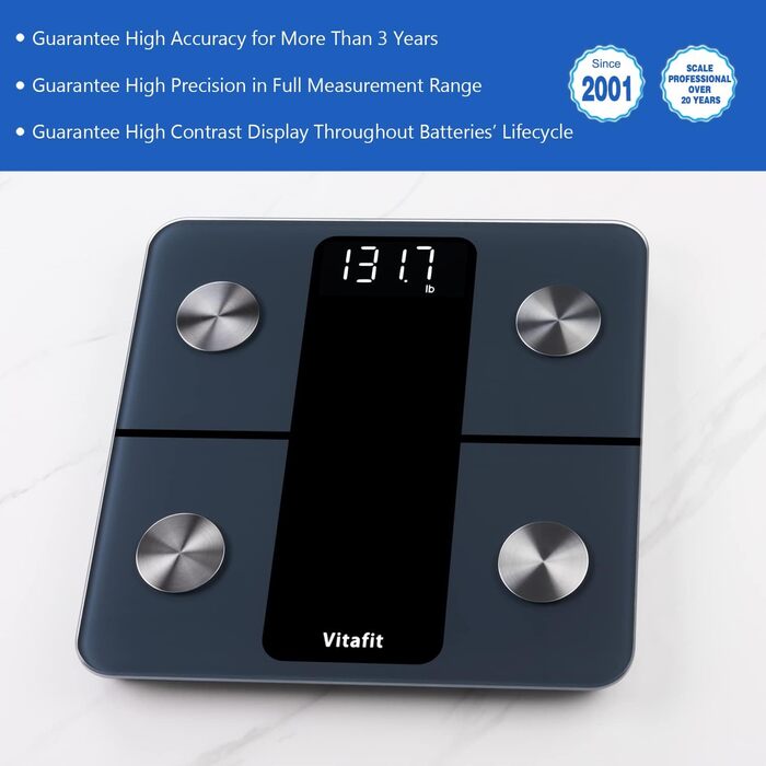 Ваги для аналізу складу тіла Vitafit з Bluetooth, до 180 кг, вимірювання жиру, м'язової маси, ІМТ, білка, BMR, чорні, з додатком