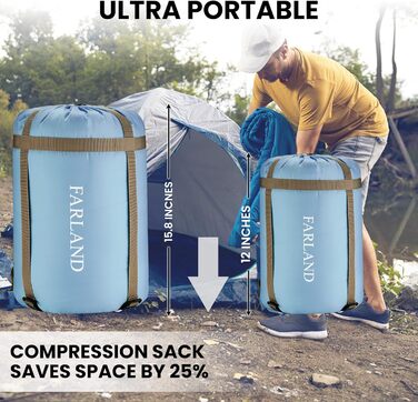 Спальний мішок FARLAND для дорослих, підлітків та дітей, до +6.7°C, 3-4 сезони, водонепроникний, з компресійним мішком, для кемпінгу, походів та рюкзаків, розмір Medium (87'x 29.5'), колір блакитний (R Zip)