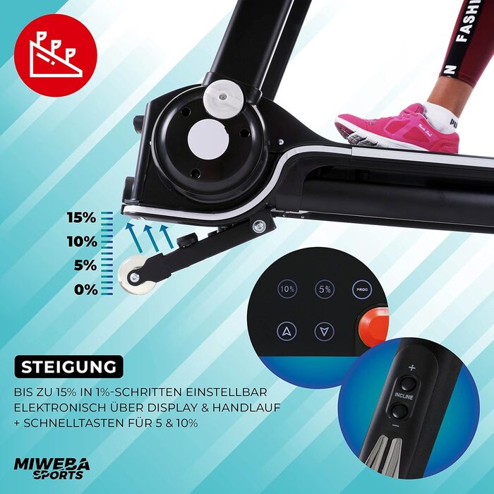 Електрична бігова доріжка Miweba Sports HT3000, 3,5 к.с., 16 км/год, нахил до 15%, навантаження 120 кг, з додатком, складана, велика бігова поверхня, 12 програм, для дому