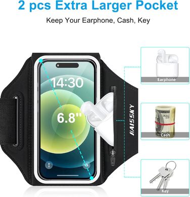 Спортивний браслет для телефону: фіксатор для бігу, чорний, на 6.9 дюйми, з кишенею для навушників (iPhone, Galaxy)